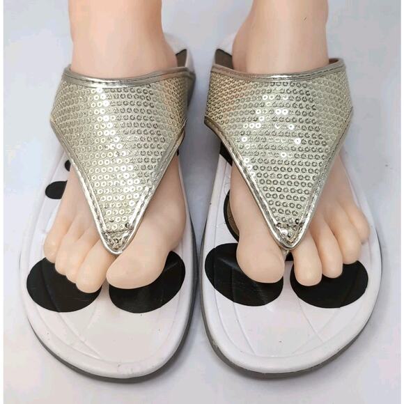 Mickey Mouse Thong Sandals Women's Size L 9-10 Beach Flip Flop Gold Sequins READ - Picture 5 of 12